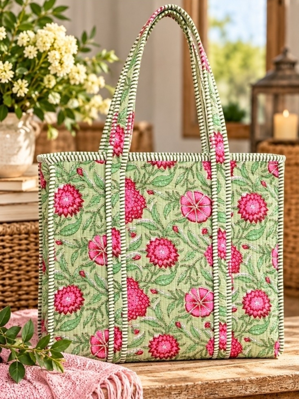 NEW!! POL Green Floral Quilted Tote Bag with Pink Blooms and Zipper Closure, NWT